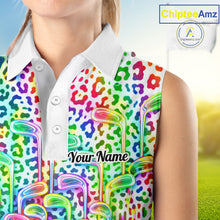 Load image into Gallery viewer, Womens Sleeveless Golf Polo Shirts Colorful Neon Watercolor Leopard Custom Name White Golf Shirts NBT509