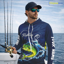 Load image into Gallery viewer, Angler wearing Mahi Mahi Fishing Custom performance long sleeve  hooded fishing shirt on the boat