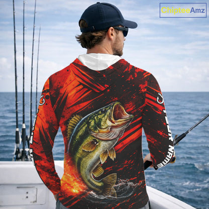Personalized Fishing Bass Long Sleeve Hooded Fishing Shirts Orange Custom Nam, Fishing Shirts For Men NBT382