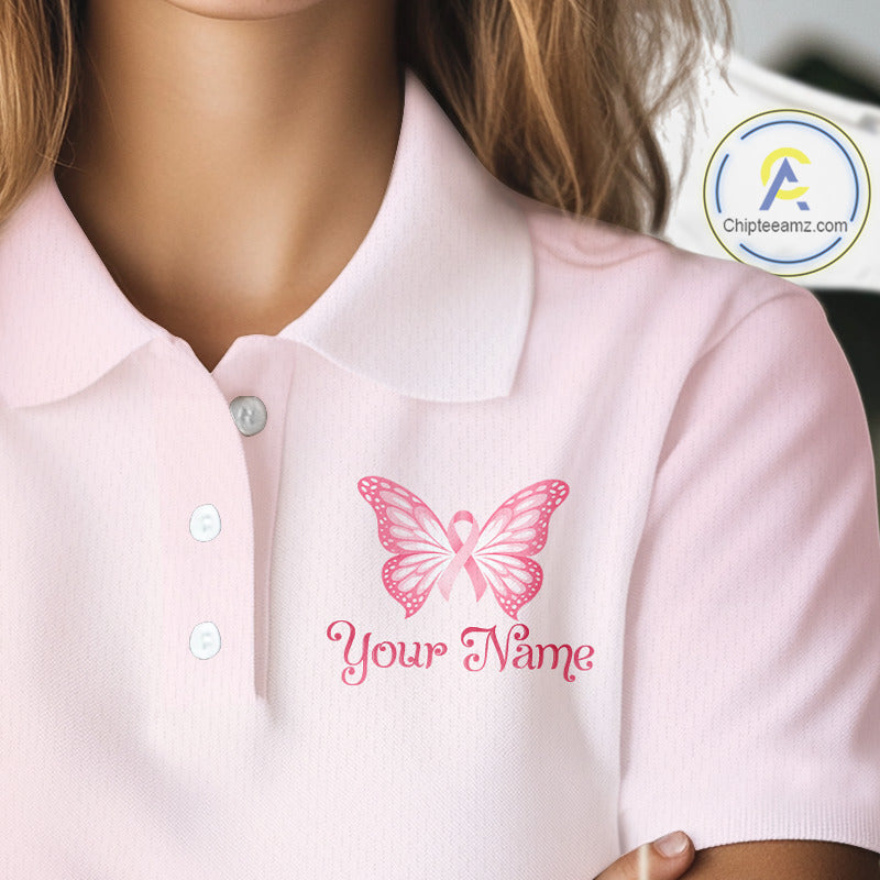 Custom Name Pink Butterfly Floral Pattern Breast Cancer Month Lady Golfer Women's Polo Shirt NBT529