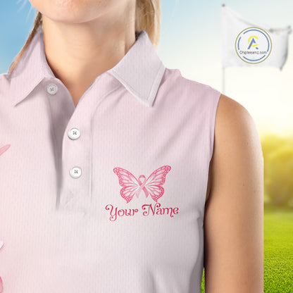 Custom Name Pink Butterfly Floral Pattern Breast Cancer Month Lady Golfer Women's Sleeveless Polo Shirt NBT529