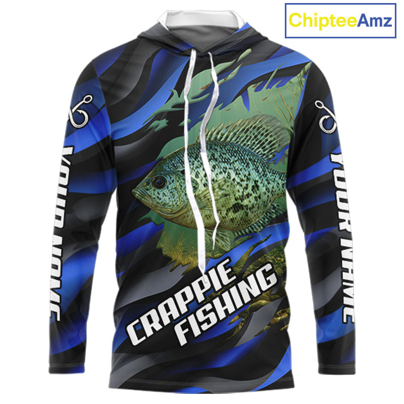 Custom Crappie Fishing Blue Camo Long Sleeve Hooded Fishing Shirts, Crappie Fishing Shirts NBT390