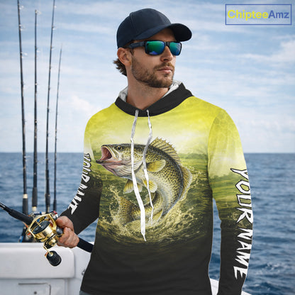 Yellow Walleye Fishing UV Protection Long Sleeve Hooded Fishing Shirts, Custom Walleye Fishing Shirts NBT400