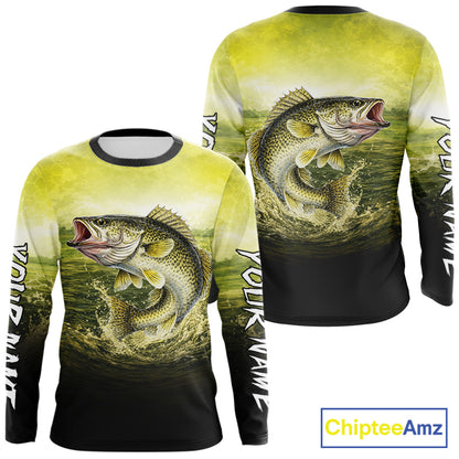 Yellow Walleye Fishing UV Protection Long Sleeve Fishing Shirts, Custom Walleye Fishing Shirts NBT400