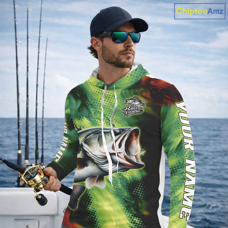 Custom Green Camo Bass Long Sleeve Hooded Fishing Shirts, Bass Fishing Shirts For Men NBT449