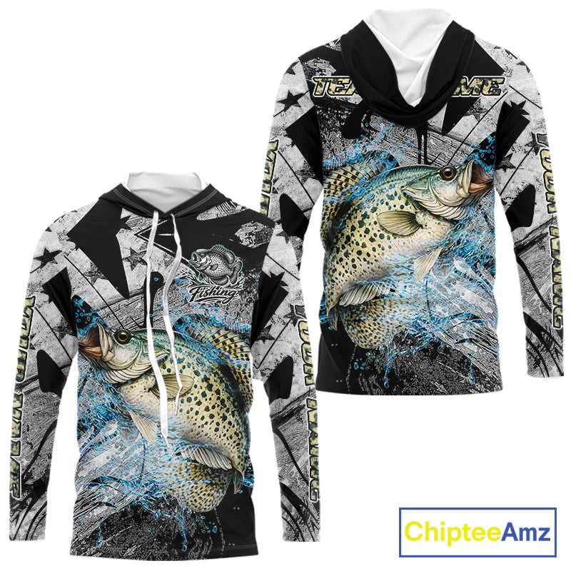 Custom American Flag Crappie Fishing Shirts Long Sleeve with Hood, Crappie Patriotic Fishing Shirt NBT471