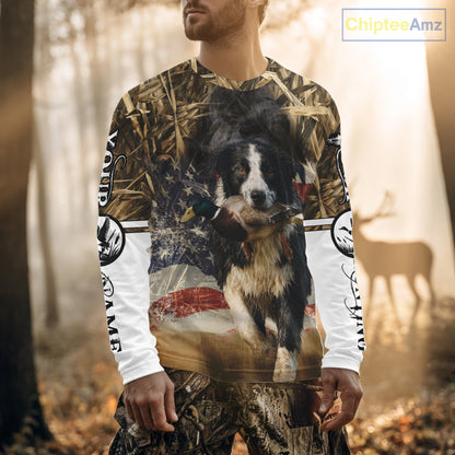 Border Collies Duck Hunting USA Flag Customized Name All Over Printed Shirts, Hunting Gifts NBT153