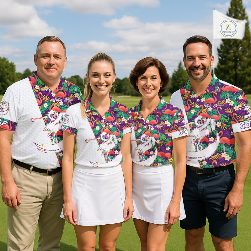 Men Golf Polo Shirts Colorful Floral Flamingo Pattern Tropical Leaves Custom Name Team Golf Shirts NBT524