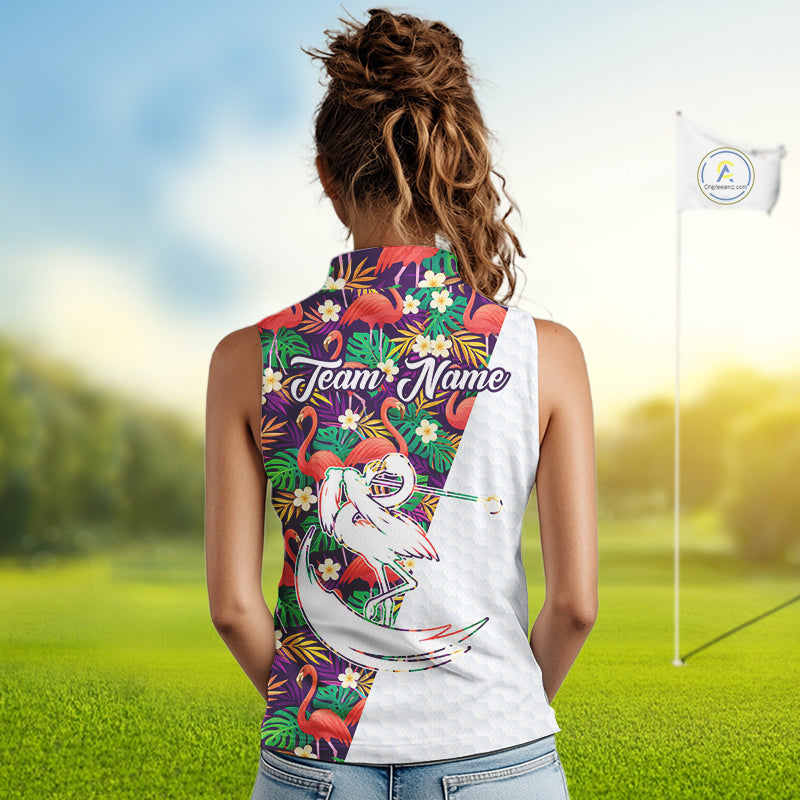 Women Sleeveless Golf Polo Shirts Colorful Floral Flamingo Pattern Tropical Leaves Custom Name Team Golf Shirts NBT524