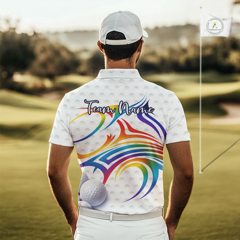 Rainbow Color Mens Golf Polo Shirts Golf Ball Pattern Custom Name, White Golf Shirt For Men NBT545