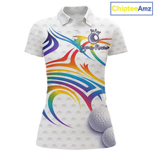Load image into Gallery viewer, Rainbow Color Womens Golf Polo Shirts Golf Ball Pattern Custom Name, White Golf Shirt For Ladies NBT545