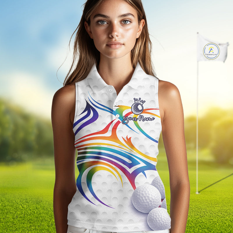 Rainbow Color Womens Sleeveless Golf Polo Shirts Golf Ball Pattern Custom Name, White Golf Shirt For Women NBT545