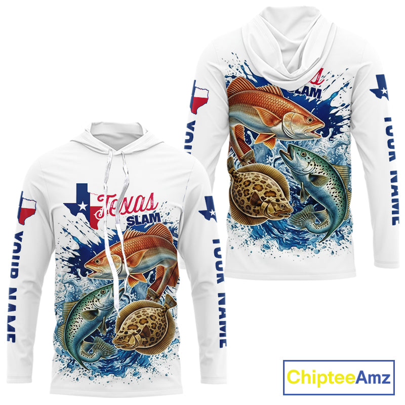 Texas Slam Fishing Trout, Redfish, Flounder Long Sleeve Hooded Fishing Shirts, Texas Flag Fishing Jerseys NBT445