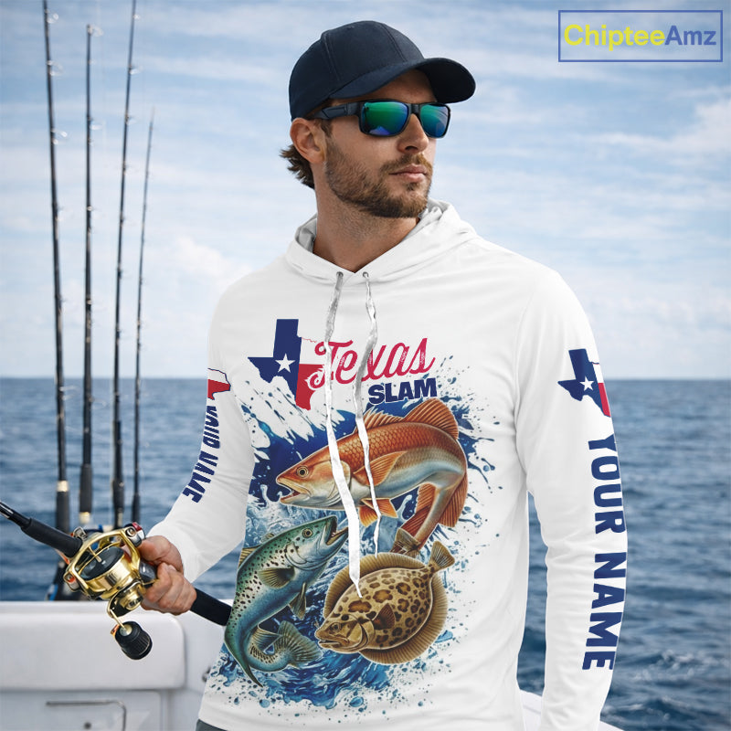 Texas Slam Fishing Trout, Redfish, Flounder Long Sleeve Hooded Fishing Shirts, Texas Flag Fishing Jerseys NBT445