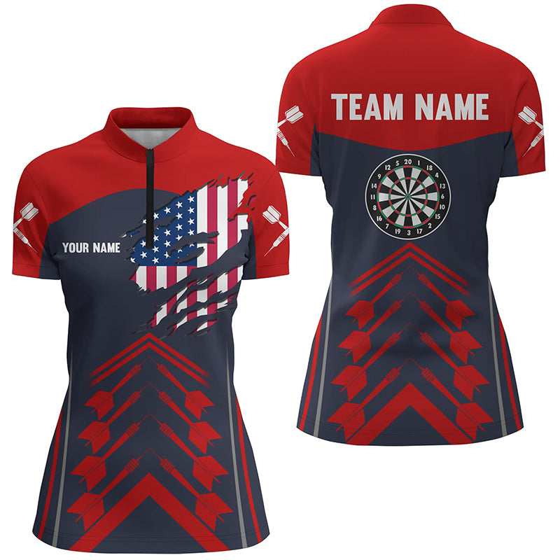 Navy Red Us Flag Darts Quarter Zip Shirt Custom Patriot Darts Shirt For Women Dart Jerseys LDT1390