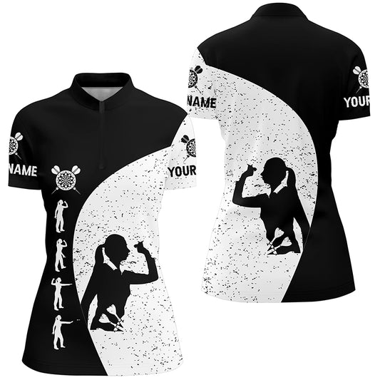 Womens Black White Grunge Darts Quarter Zip Shirt Personalized Darts Jersey For Women LDT0339
