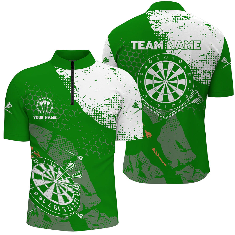 Retro Green White Pattern Custom Mens Darts Quarter Zip Shirt Dart Team Jerseys For Men LDT0899