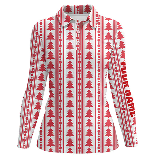 Red Christmas Trees & Garlands Flat Womens Golf Polo Shirts Customized Golf Shirts For Ladies LDT0639