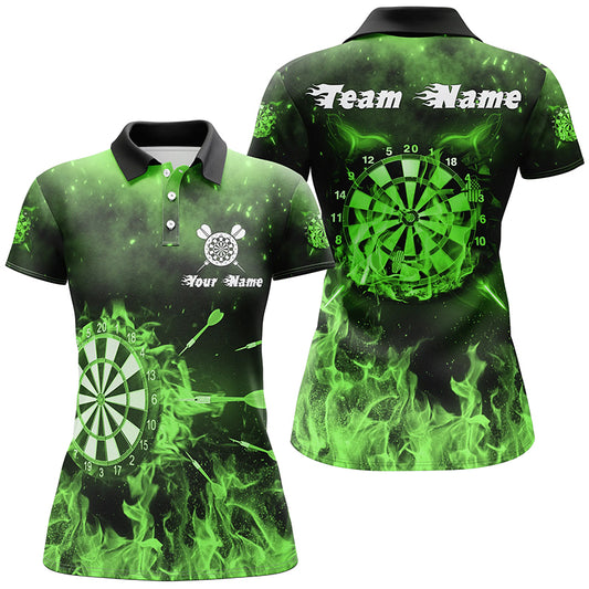Green Fire Flame Womens Darts Polo Shirts Custom Darts Shirt For Women Dart Jerseys LDT1378