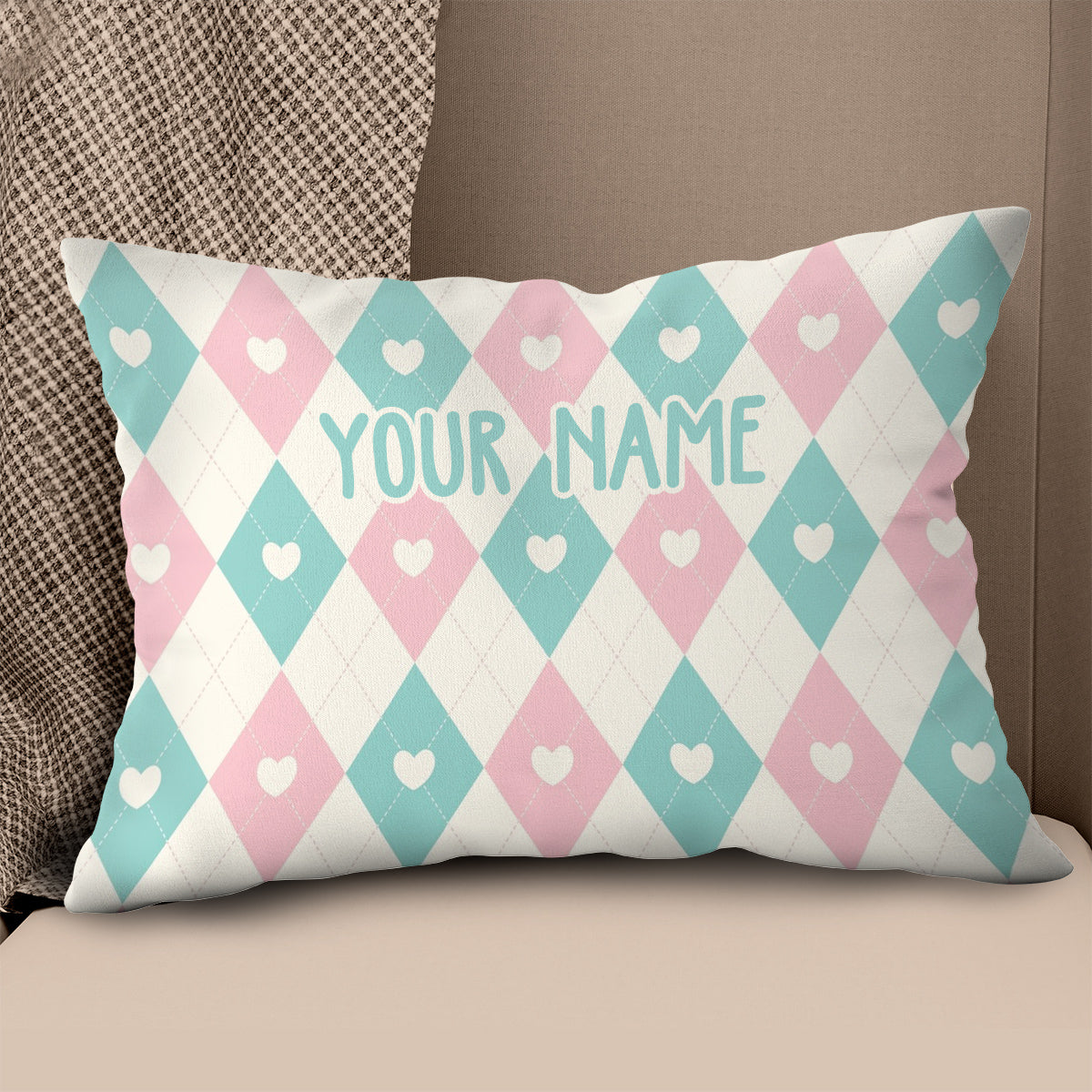 Argyle Pattern With Hearts Custom Cute Throw Pillow Personalized Gifts LDT1126