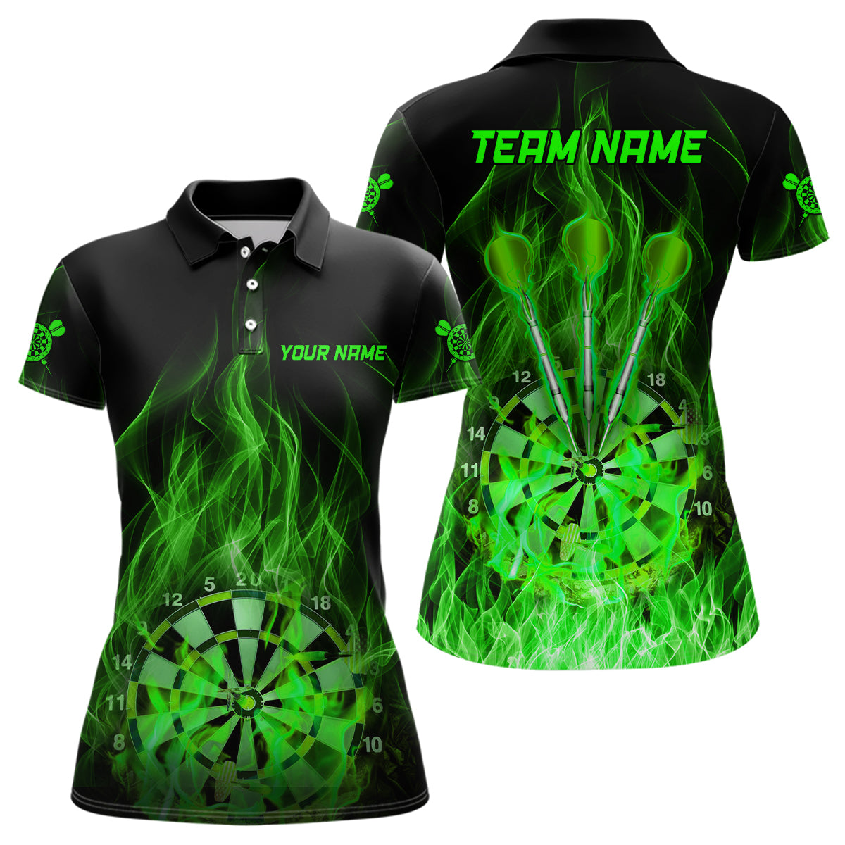 Green Fire Flame Womens Darts Polo Shirt Custom Dart Shirts For Women Dart Jerseys LDT1326