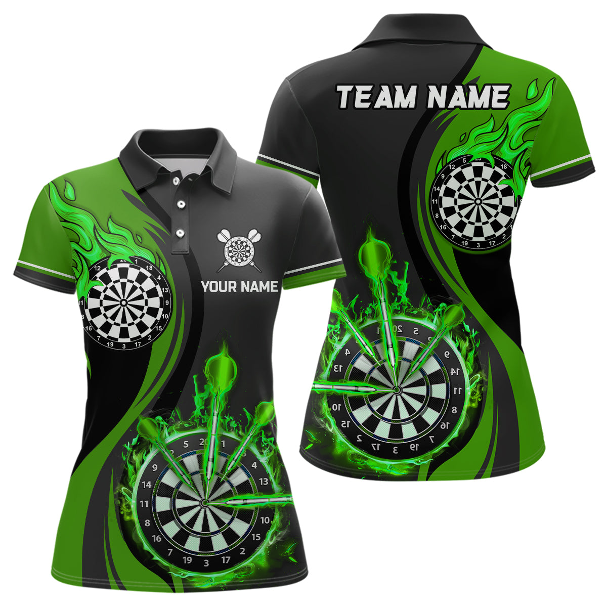 Green Fire Flame Womens Darts Polo Shirt Custom Dart Shirts For Women Dart Jerseys LDT1476