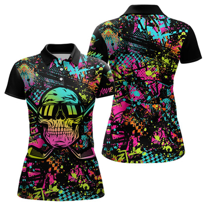 Skull Graffiti Womens Golf Polo Shirts, Custom Colorful Skull Golf Shirts For Women, Best Golf Gifts LDT0138