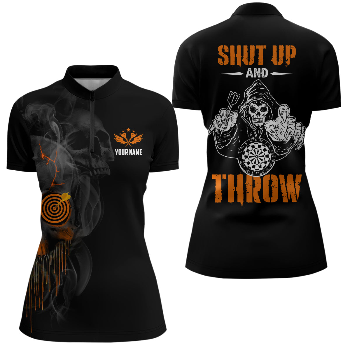 Womens Skull Darts Quarter-Zip Shirt Halloween Orange Darts Shirt For Women Dart Jerseys LDT0491
