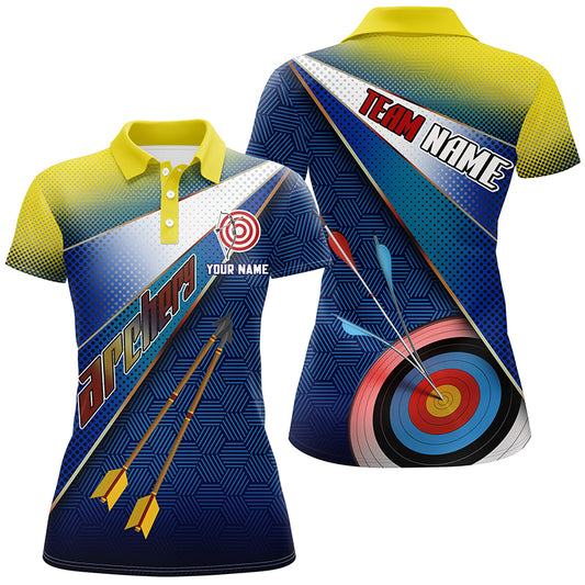 Personalized Yellow Blue 3D Target Archery Polo Shirts For Women, Custom Arrows Archery Team Shirts VHM0658