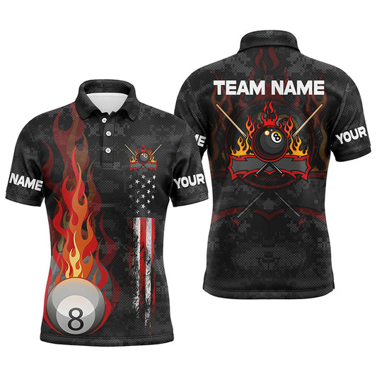 Personalized Flame 8 Ball Pool US Flag 3D Billiard Polo Shirts For Men, Gift For Pool Players VHM0219