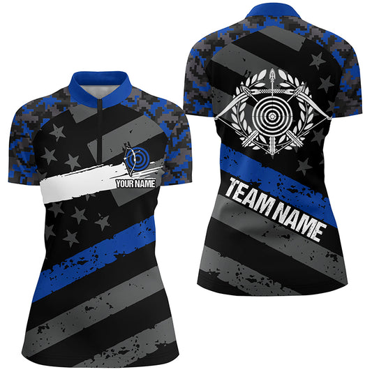 Personalized Blue Retro US Flag Archery Quarter-Zip Shirts For Women Custom 3D Target Archery Jerseys VHM0676