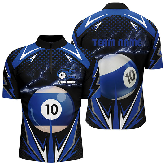 Personalized Thunder Blue 10 Ball Billiard 3D Quarter-Zip Shirts For Men, 10 Ball Billiard Jerseys VHM0956