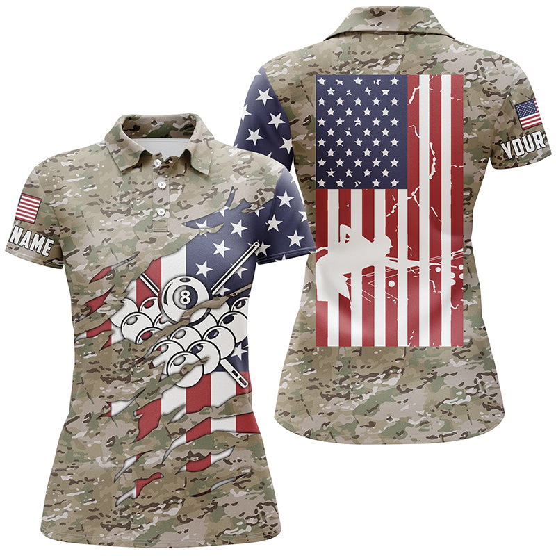 Personalized Camouflage US Flag Billiard Balls Polo Shirts For Women, Custom 8 Ball Billiard Jerseys VHM0085