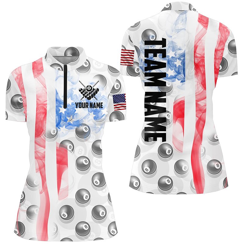 Personalized Smoke White US Flag Billiard Quarter-Zip Shirts For Women, 8 Ball Pool Team Jerseys VHM0541