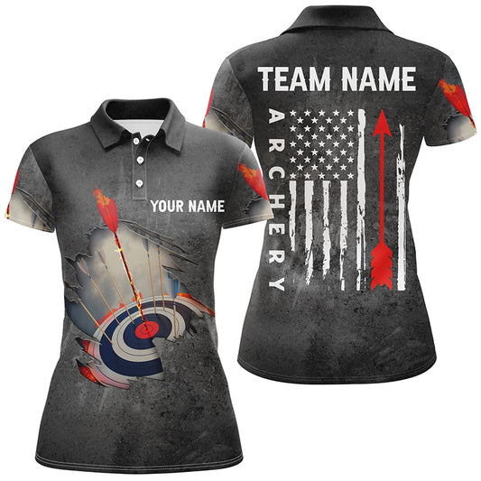 Personalized US Flag Arrow Archery Polo Shirts For Women, Custom Flaming 3D Target Archery Shirts VHM0736