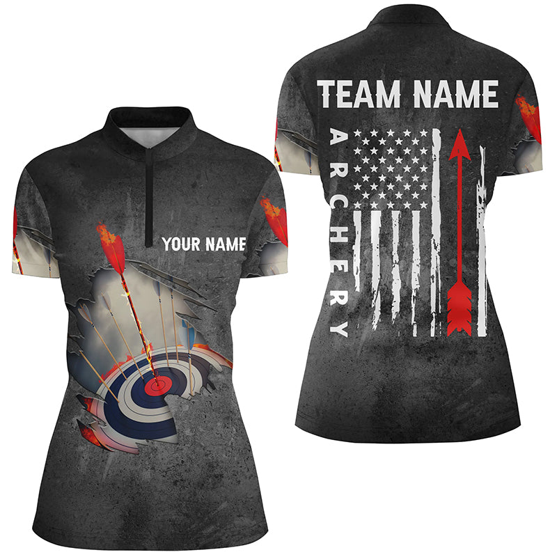 Personalized US Flag Arrow Archery Quarter-Zip Shirts For Women, Flaming 3D Target Archery Shirts VHM0736