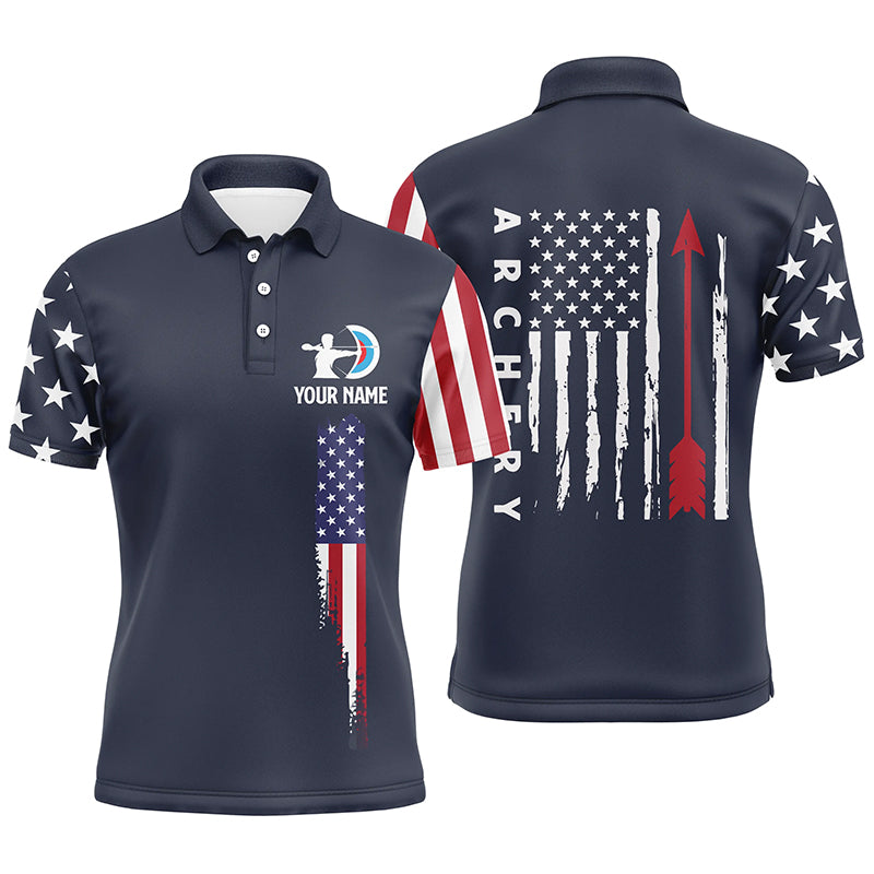 Personalized Navy American Flag Archery Polo Shirts For Men, Custom Flag Arrow Archery Jerseys VHM0738