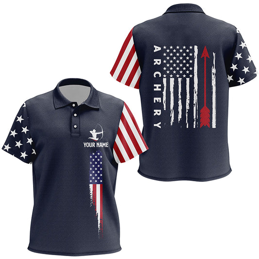 Personalized Navy American Flag Archery Polo Shirts For Kids, Custom Flag Arrow Archery Jerseys VHM0738