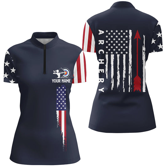 Personalized Navy American Flag Archery Quarter-Zip Shirts For Women, Flag Arrow Archery Jerseys VHM0738