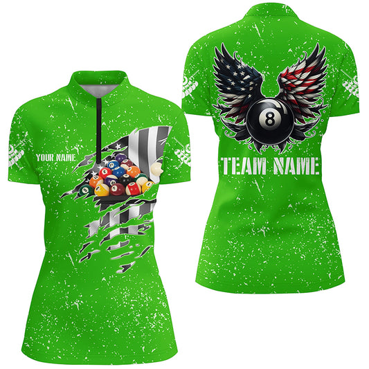 Personalized US Flag Billiard Balls 3D Quarter-Zip Shirts For Women, Green 8 Ball Pool Wings Jerseys VHM1007