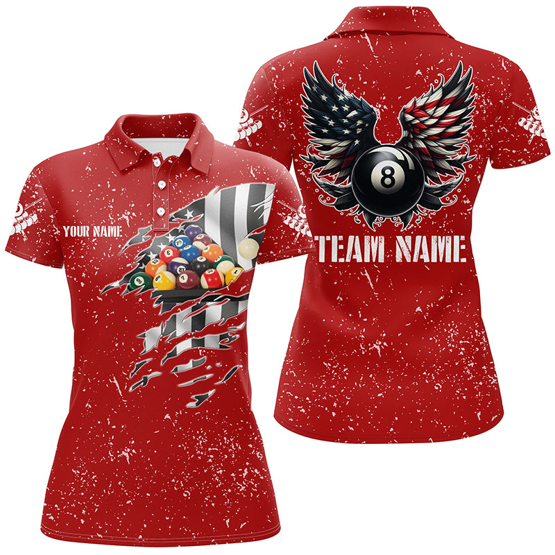 Personalized US Flag Billiard Balls 3D Polo Shirts For Women, Red Billiard 8 Ball Wings Jerseys VHM1008