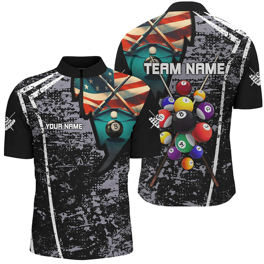 Personalized Grey Grunge US Flag 8 Ball Billiard Quarter-Zip Shirts For Men, Billiard Balls Jerseys VHM0953