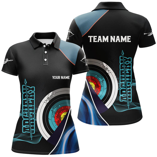 Personalized 3D Targets Archery Polo Shirts For Women, Custom Blue Black Arrow Archery Team Shirts VHM0600