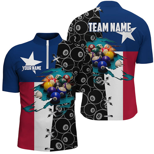 Personalized Texas Flag Billiard Quarter-Zip Shirts For Men Custom 8 Ball Pattern Pool Balls Shirts VHM0653