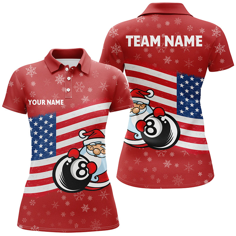 Personalized US Flag 8 Ball Pool With Santa Christmas Billiard Polo Shirts For Women, Billiard Shirts VHM0670