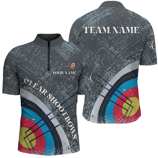 Personalized Grey 3D Target Archery Quarter-Zip Shirts For Men, Clear Shoot Bows Archery Shirts VHM0604