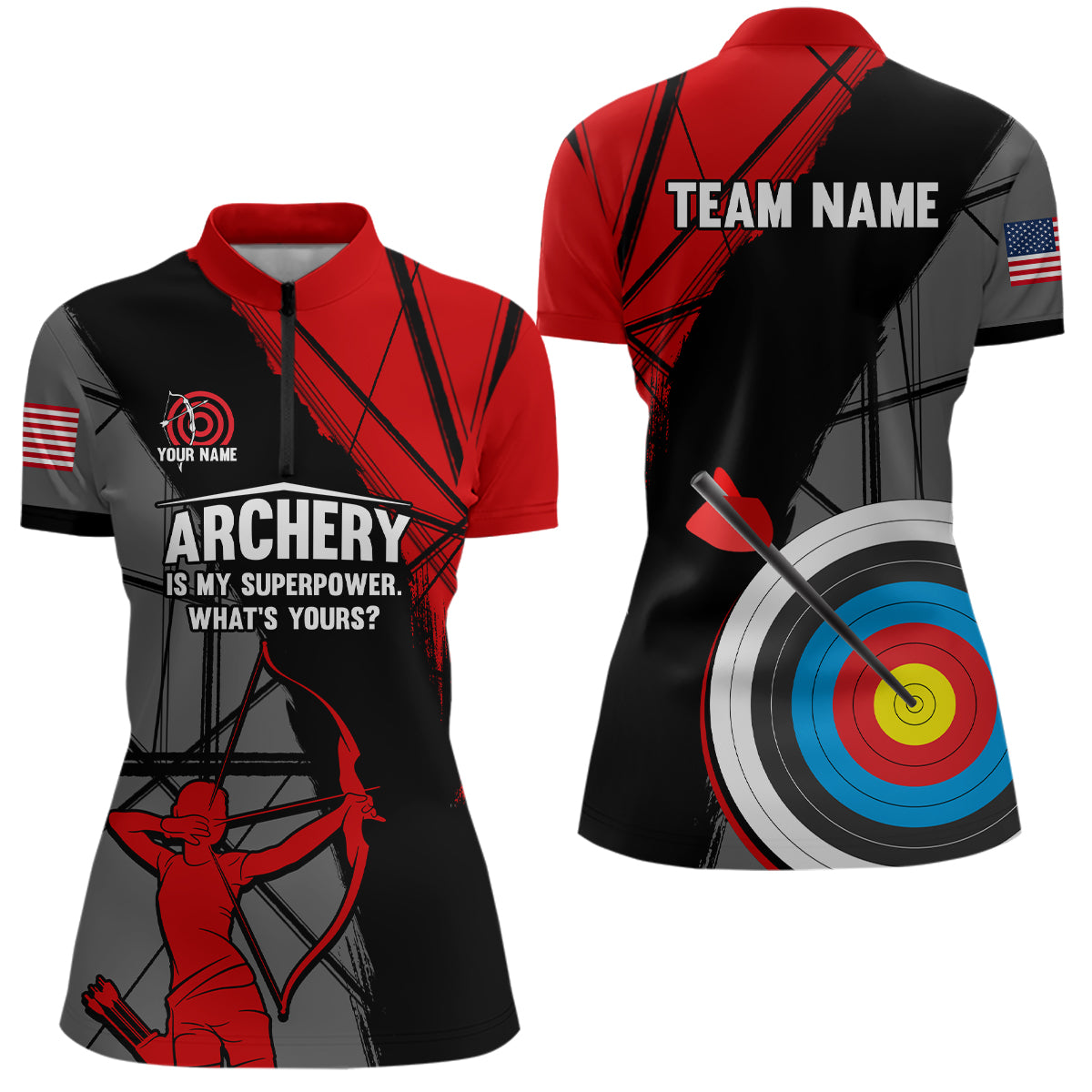 Personalized 3D Target Archery Silhouette Archer Quarter-Zip Shirts For Women, US Flag Archery Shirts VHM0634
