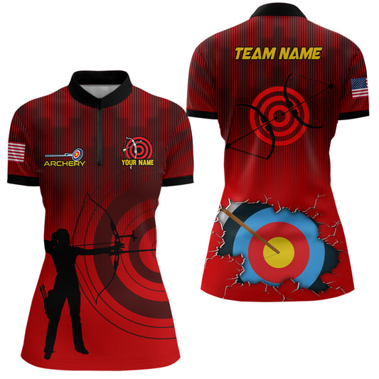 Personalized 3D Target Archery Silhouette Archer Quarter-Zip Shirts For Women, US Flag Archery Shirts VHM0636