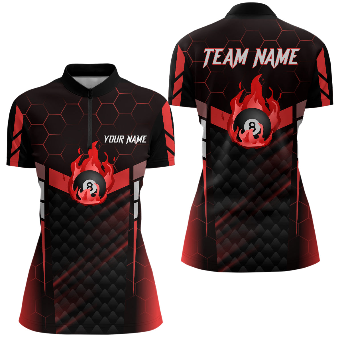 Personalized Red Fire 8 Ball Billiard 3D Quarter-Zip Shirts For Women, 8 Ball Pool Team Jerseys VHM1018