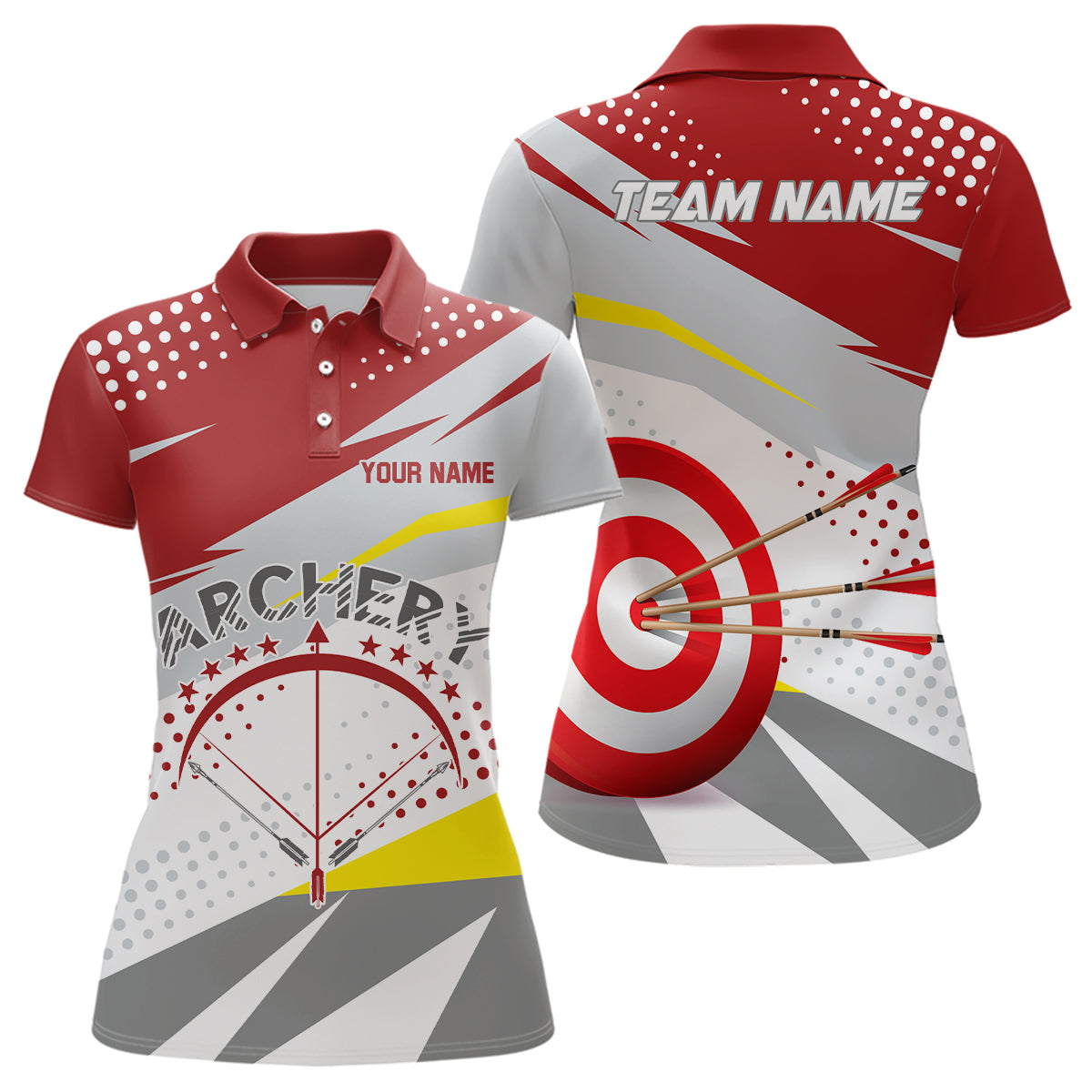 Personalized Grey Red 3D Target Archery Polo Shirts For Women, Custom Bow Archery Team Shirts VHM0789